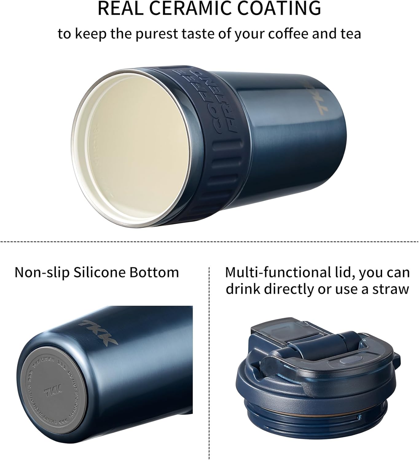 Insulated Coffee Mug with Ceramic Coating, 21oz Iced Coffee Tumbler Cup with Straw Lid Double Wall Vacuum Leak Proof Travel Mug with Strap for Hot and Iced Beverage, Tungsten Steel