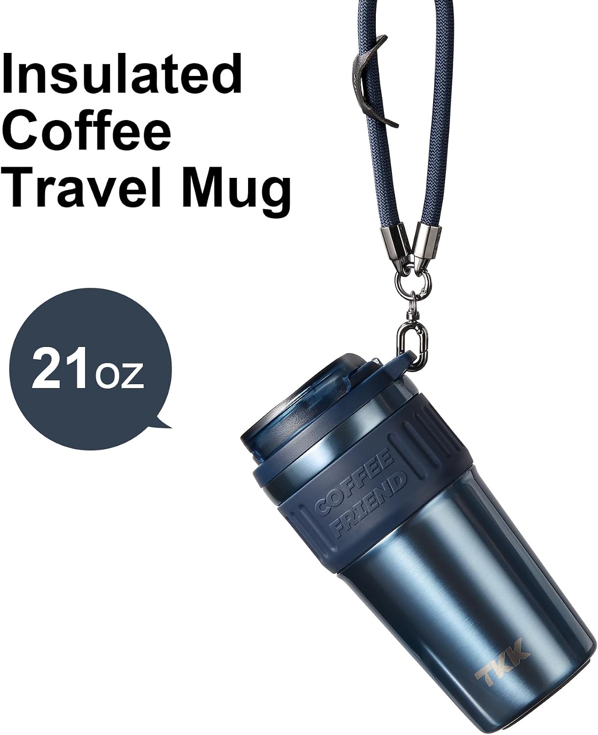 Insulated Coffee Mug with Ceramic Coating, 21oz Iced Coffee Tumbler Cup with Straw Lid Double Wall Vacuum Leak Proof Travel Mug with Strap for Hot and Iced Beverage, Tungsten Steel