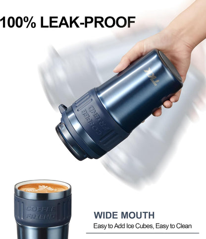 Insulated Coffee Mug with Ceramic Coating, 21oz Iced Coffee Tumbler Cup with Straw Lid Double Wall Vacuum Leak Proof Travel Mug with Strap for Hot and Iced Beverage, Tungsten Steel