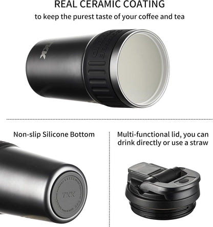 Insulated Coffee Mug with Ceramic Coating, 21oz Iced Coffee Tumbler Cup with Straw Lid Double Wall Vacuum Leak Proof Travel Mug with Strap for Hot and Iced Beverage, Tungsten Steel