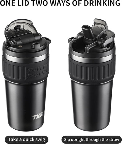 Insulated Coffee Mug with Ceramic Coating, 21oz Iced Coffee Tumbler Cup with Straw Lid Double Wall Vacuum Leak Proof Travel Mug with Strap for Hot and Iced Beverage, Tungsten Steel