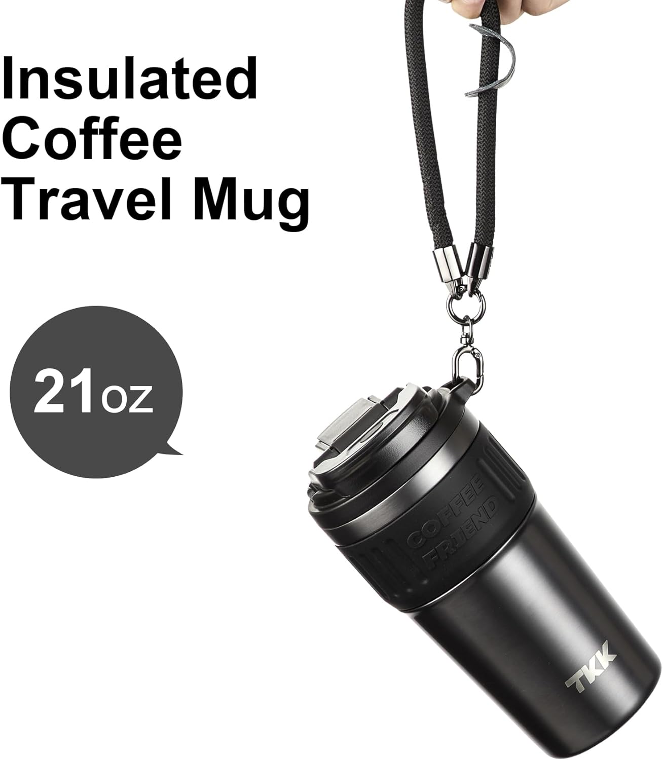 Insulated Coffee Mug with Ceramic Coating, 21oz Iced Coffee Tumbler Cup with Straw Lid Double Wall Vacuum Leak Proof Travel Mug with Strap for Hot and Iced Beverage, Tungsten Steel