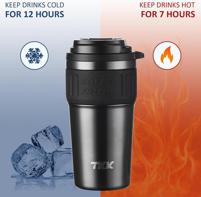 Insulated Coffee Mug with Ceramic Coating, 21oz Iced Coffee Tumbler Cup with Straw Lid Double Wall Vacuum Leak Proof Travel Mug with Strap for Hot and Iced Beverage, Tungsten Steel