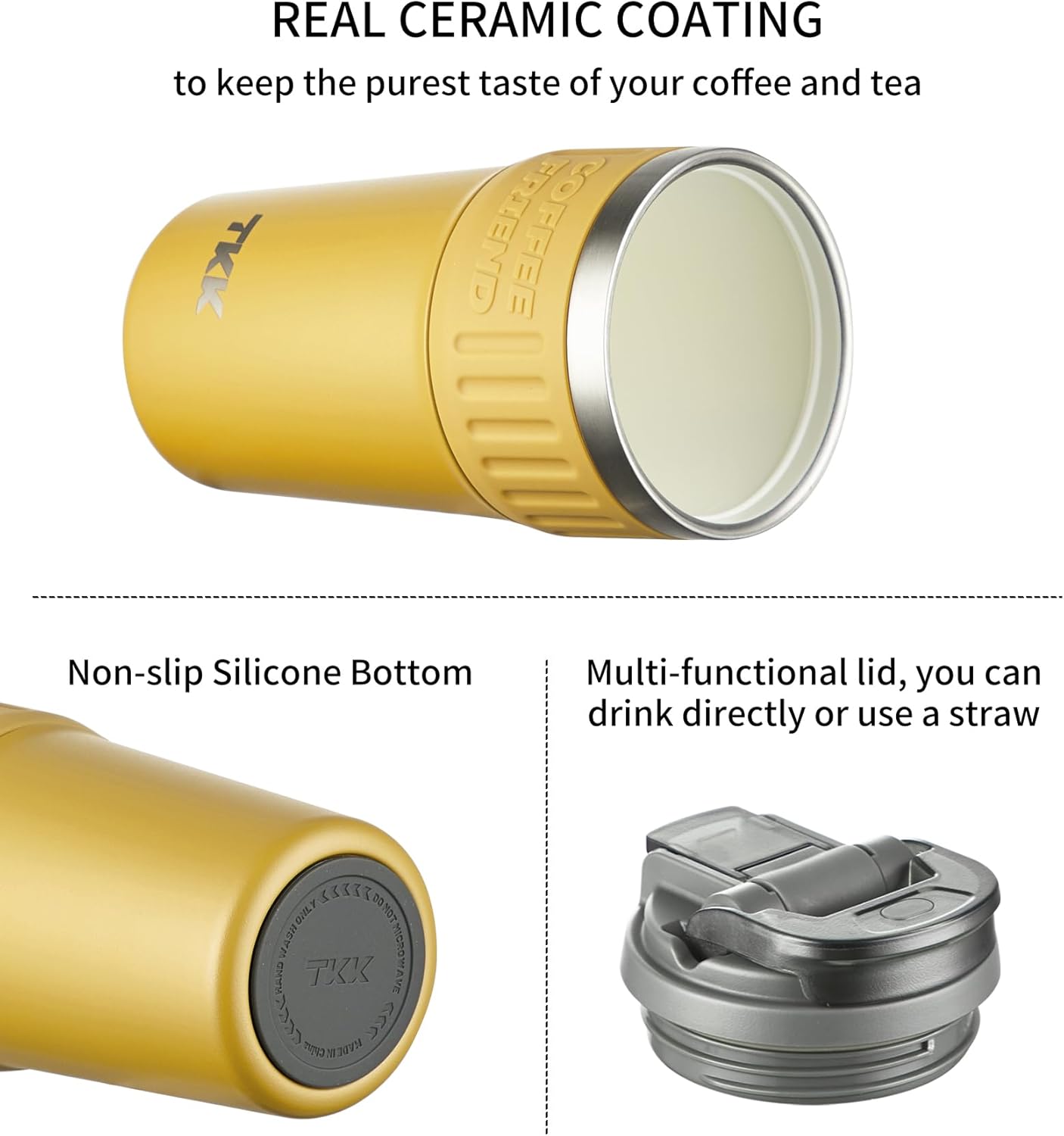 Insulated Coffee Mug with Ceramic Coating, 21oz Iced Coffee Tumbler Cup with Straw Lid Double Wall Vacuum Leak Proof Travel Mug with Strap for Hot and Iced Beverage, Tungsten Steel