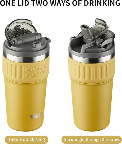 Insulated Coffee Mug with Ceramic Coating, 21oz Iced Coffee Tumbler Cup with Straw Lid Double Wall Vacuum Leak Proof Travel Mug with Strap for Hot and Iced Beverage, Tungsten Steel