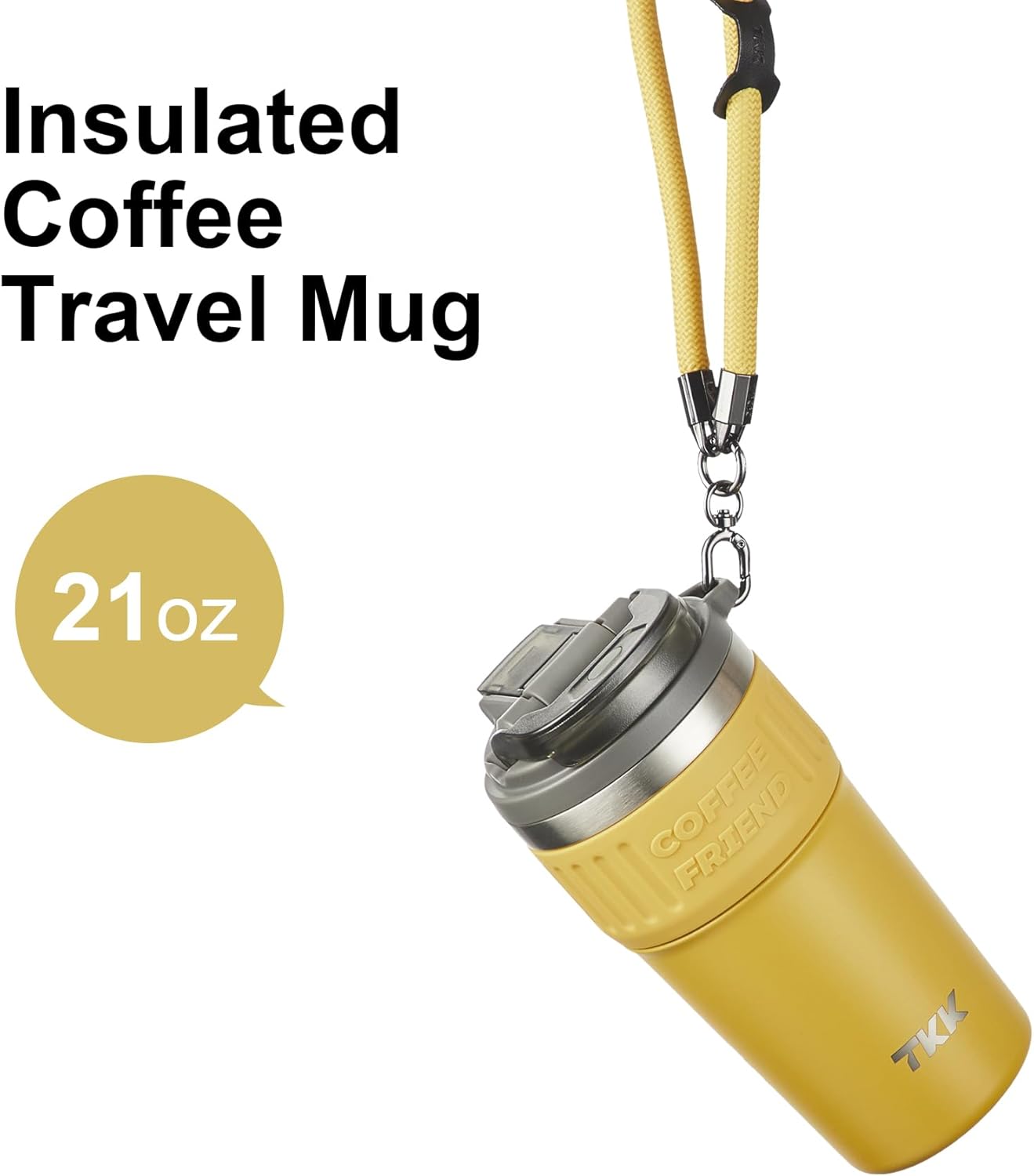 Insulated Coffee Mug with Ceramic Coating, 21oz Iced Coffee Tumbler Cup with Straw Lid Double Wall Vacuum Leak Proof Travel Mug with Strap for Hot and Iced Beverage, Tungsten Steel