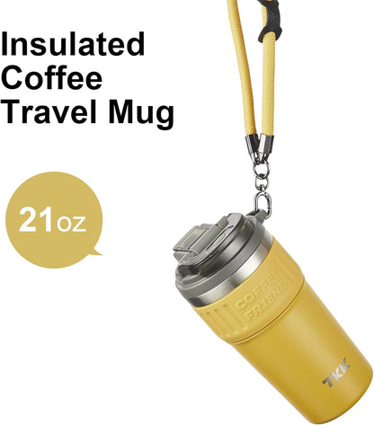Insulated Coffee Mug with Ceramic Coating, 21oz Iced Coffee Tumbler Cup with Straw Lid Double Wall Vacuum Leak Proof Travel Mug with Strap for Hot and Iced Beverage, Tungsten Steel