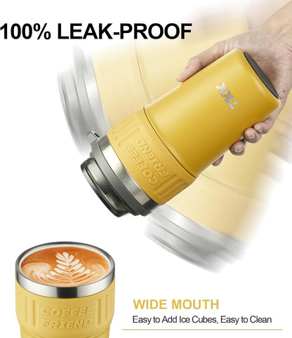 Insulated Coffee Mug with Ceramic Coating, 21oz Iced Coffee Tumbler Cup with Straw Lid Double Wall Vacuum Leak Proof Travel Mug with Strap for Hot and Iced Beverage, Tungsten Steel