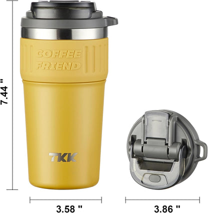 Insulated Coffee Mug with Ceramic Coating, 21oz Iced Coffee Tumbler Cup with Straw Lid Double Wall Vacuum Leak Proof Travel Mug with Strap for Hot and Iced Beverage, Tungsten Steel