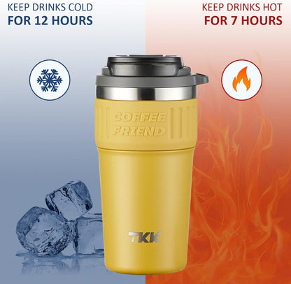Insulated Coffee Mug with Ceramic Coating, 21oz Iced Coffee Tumbler Cup with Straw Lid Double Wall Vacuum Leak Proof Travel Mug with Strap for Hot and Iced Beverage, Tungsten Steel