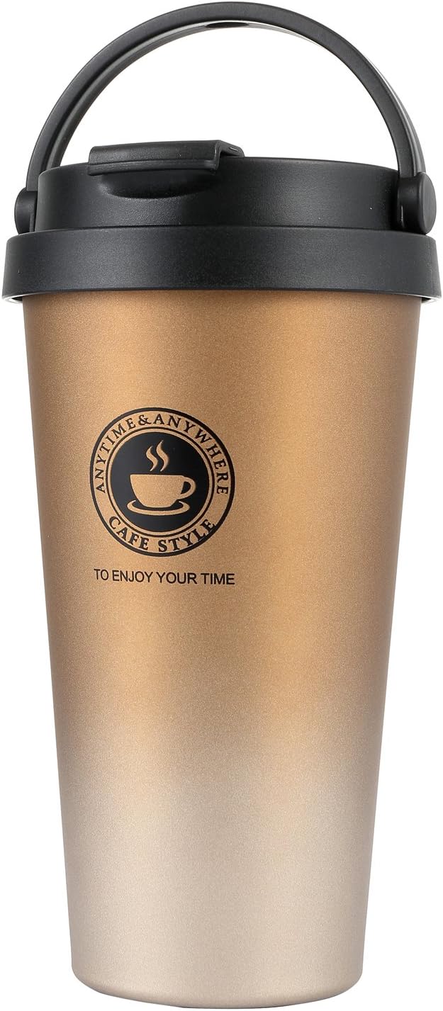 18/8 Stainless Steel Double Wall Vacuum Insulated Travel Coffee Mug with Handle/Portable Thermal Cup,Wide Mouth Tumbler with Leak Proof Lid,17oz,Brown