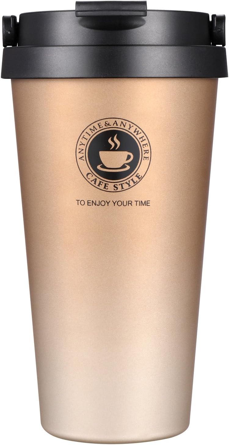 18/8 Stainless Steel Double Wall Vacuum Insulated Travel Coffee Mug with Handle/Portable Thermal Cup,Wide Mouth Tumbler with Leak Proof Lid,17oz,Brown