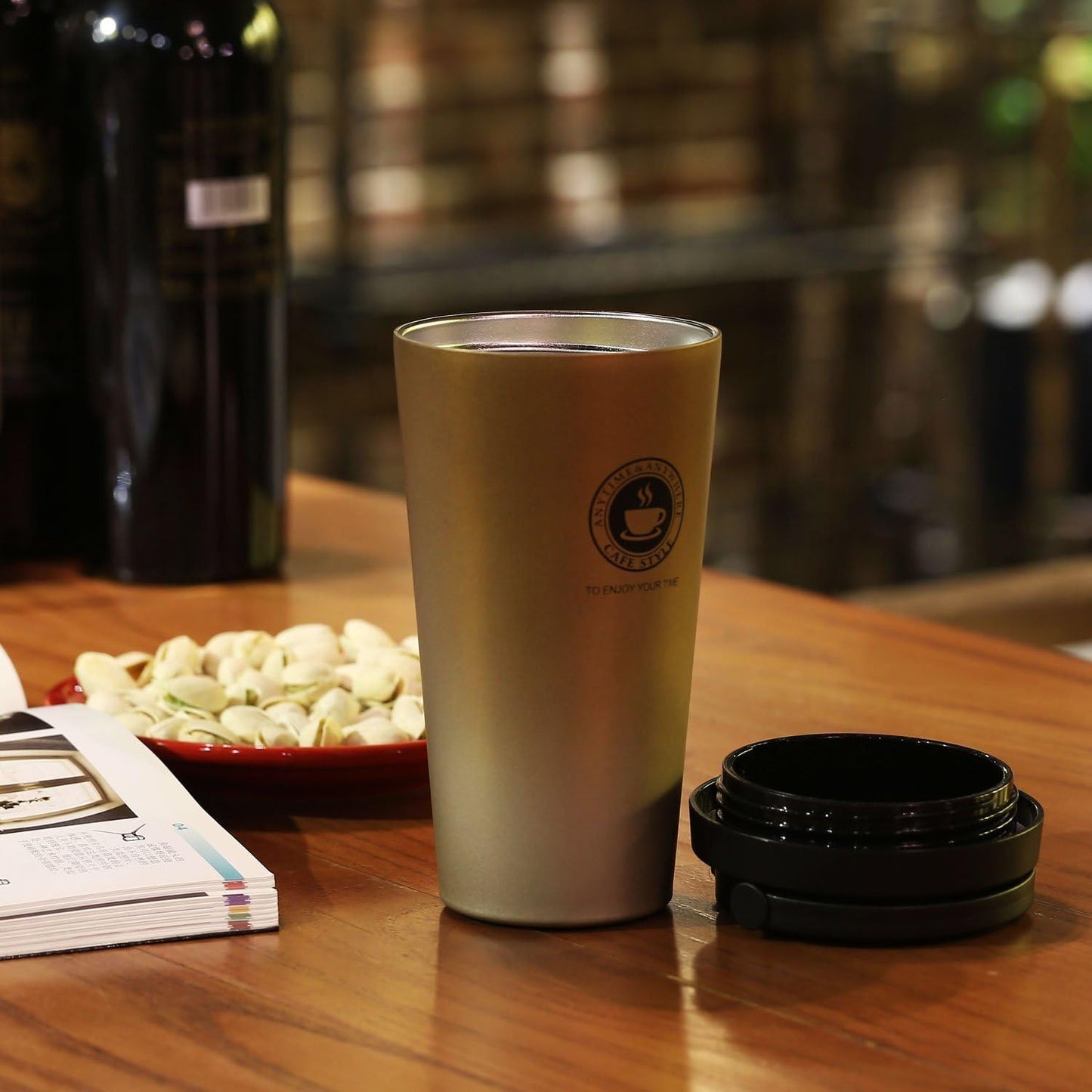 18/8 Stainless Steel Double Wall Vacuum Insulated Travel Coffee Mug with Handle/Portable Thermal Cup,Wide Mouth Tumbler with Leak Proof Lid,17oz,Brown
