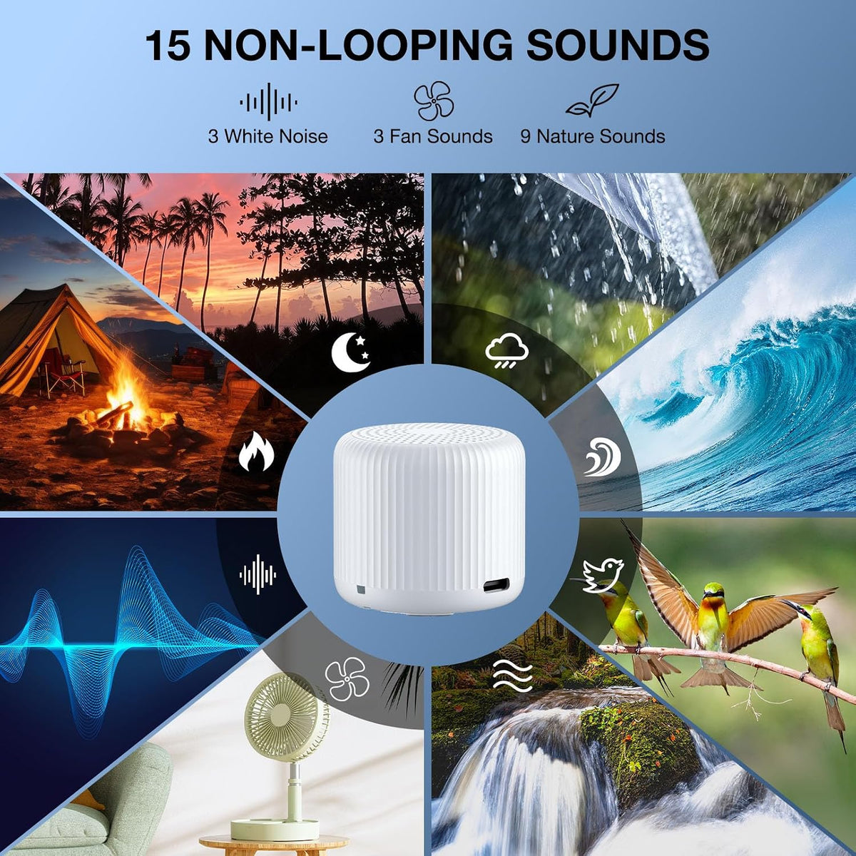 Portable Sound Machine for Baby Adults, Travel Sound Machine,15 Non-Looping Sound Timer and Memory Play, Mini White Noise Machine for Sleeping Office Privacy Travel Gift