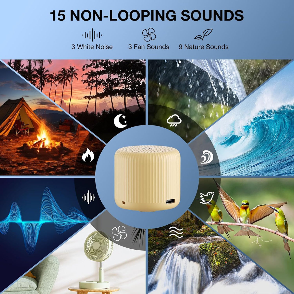 Portable Sound Machine for Baby Adults, Travel Sound Machine,15 Non-Looping Sound Timer and Memory Play, Mini White Noise Machine for Sleeping Office Privacy Travel Gift