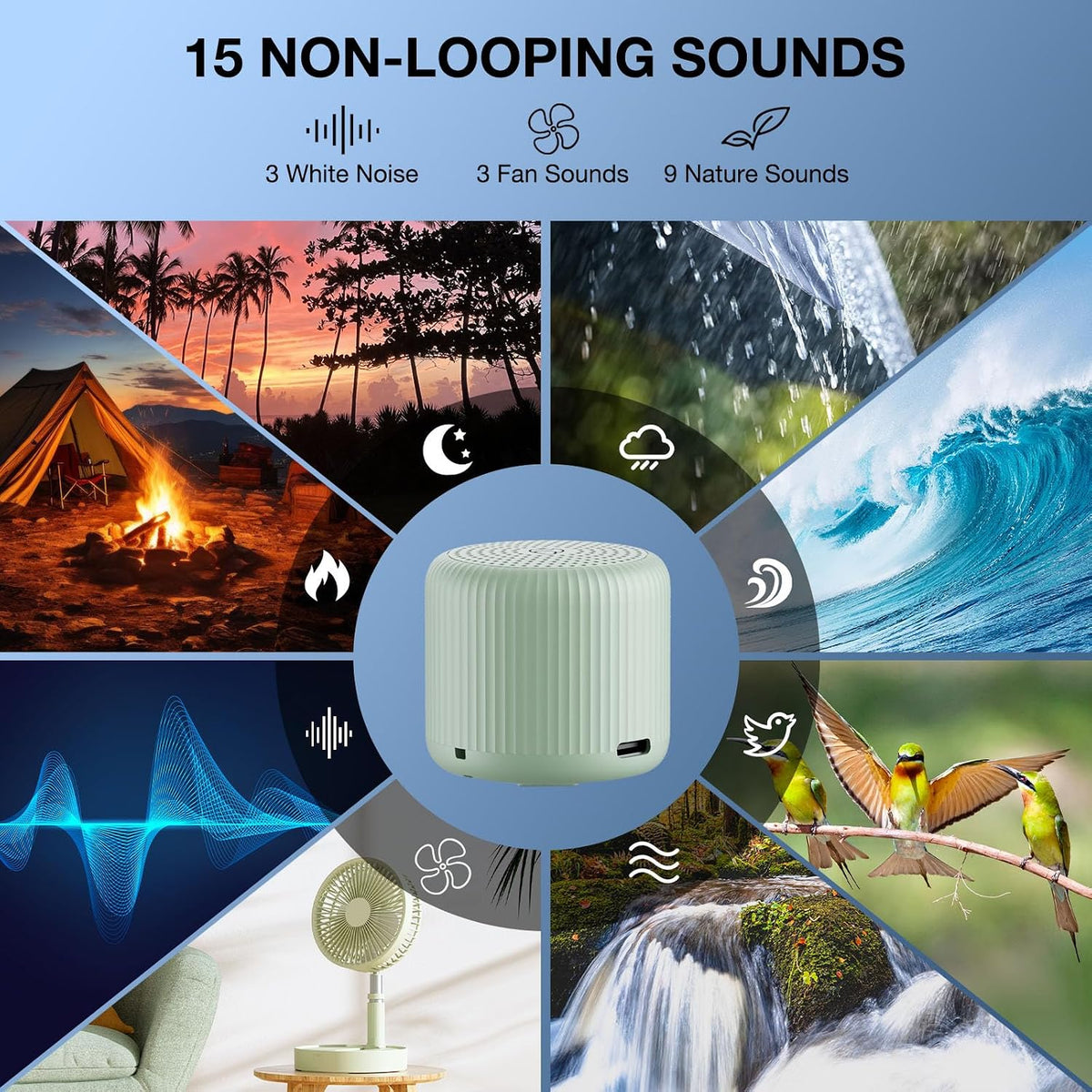 Portable Sound Machine for Baby Adults, Travel Sound Machine,15 Non-Looping Sound Timer and Memory Play, Mini White Noise Machine for Sleeping Office Privacy Travel Gift