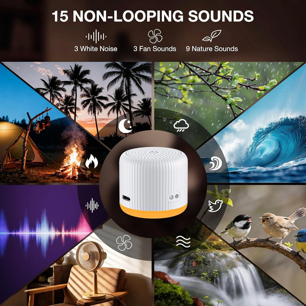 Portable Sound Machine for Baby Adults, Travel Sound Machine,15 Non-Looping Sound Timer and Memory Play, Mini White Noise Machine for Sleeping Office Privacy Travel Gift