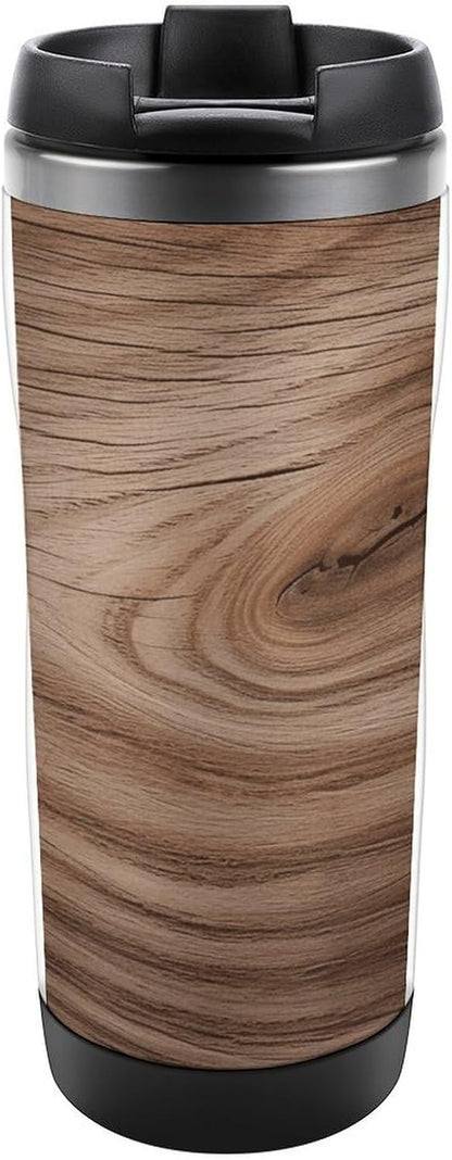 13oz Insulated Travel Coffee Mug Reusable Coffee Cup Water Bottle | Wood Grain Travel Mug with Leak Proof Lid Double Wall Stainless Steel Coffee Tumbler Personalized Gift