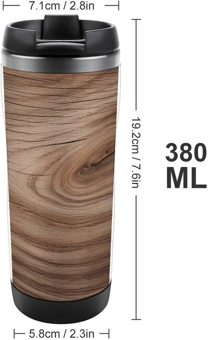 13oz Insulated Travel Coffee Mug Reusable Coffee Cup Water Bottle | Wood Grain Travel Mug with Leak Proof Lid Double Wall Stainless Steel Coffee Tumbler Personalized Gift