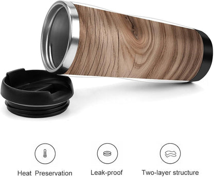 13oz Insulated Travel Coffee Mug Reusable Coffee Cup Water Bottle | Wood Grain Travel Mug with Leak Proof Lid Double Wall Stainless Steel Coffee Tumbler Personalized Gift