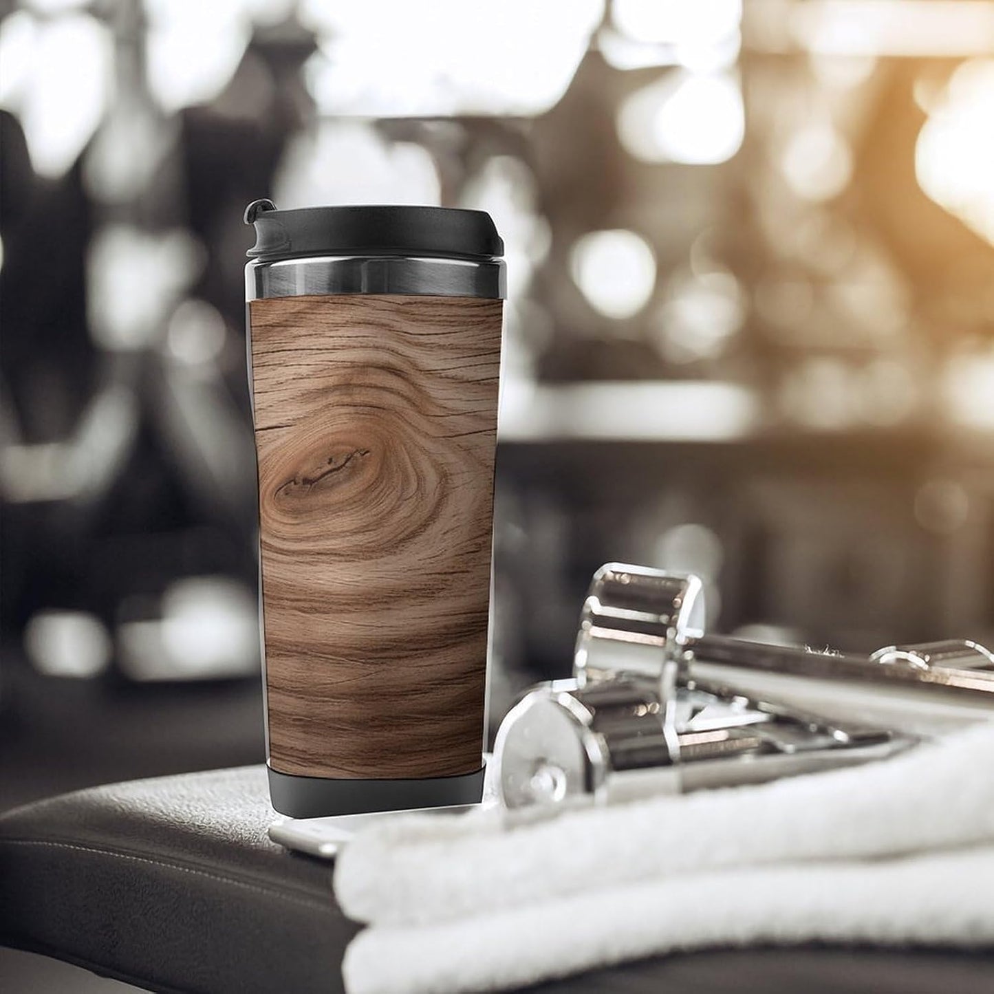 13oz Insulated Travel Coffee Mug Reusable Coffee Cup Water Bottle | Wood Grain Travel Mug with Leak Proof Lid Double Wall Stainless Steel Coffee Tumbler Personalized Gift