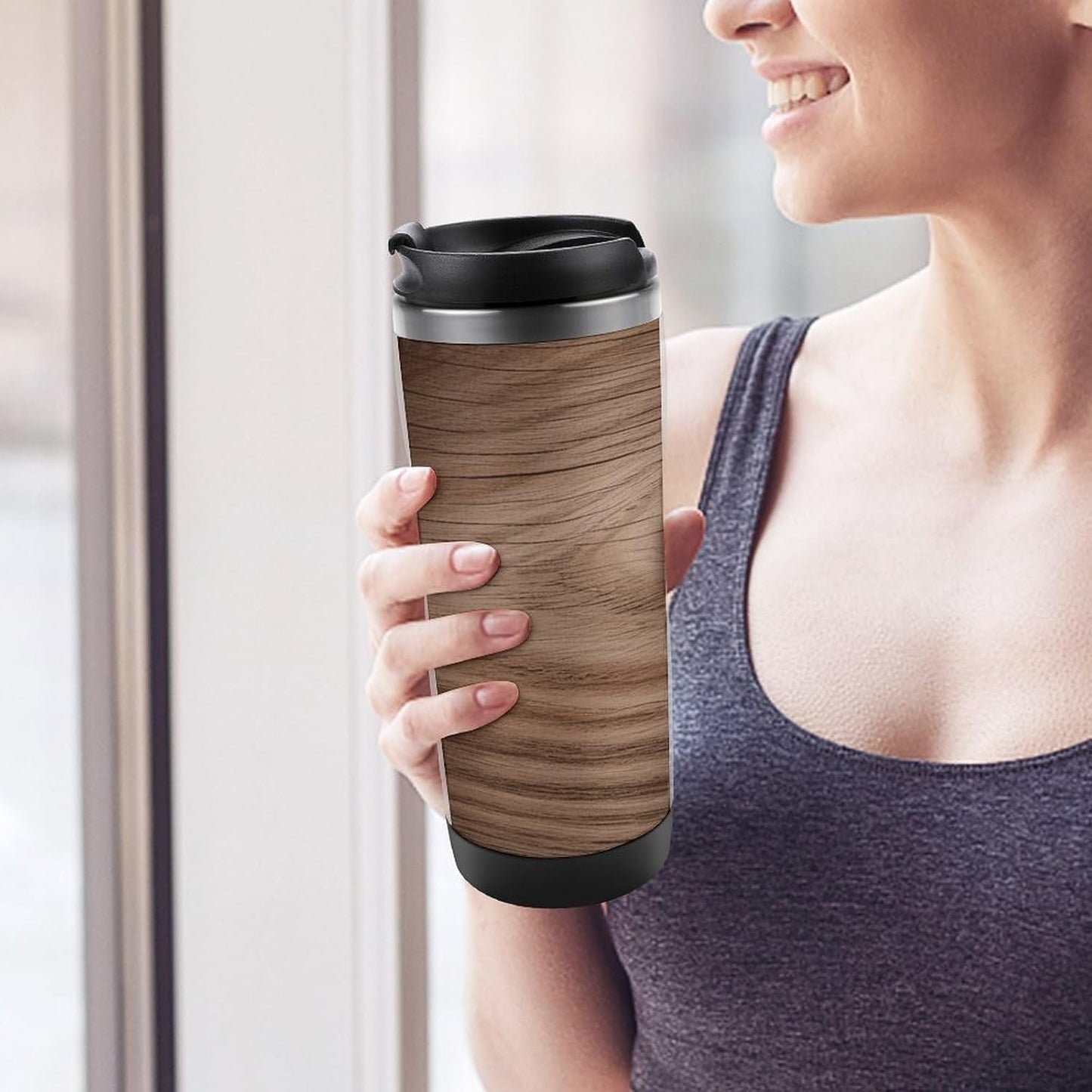 13oz Insulated Travel Coffee Mug Reusable Coffee Cup Water Bottle | Wood Grain Travel Mug with Leak Proof Lid Double Wall Stainless Steel Coffee Tumbler Personalized Gift