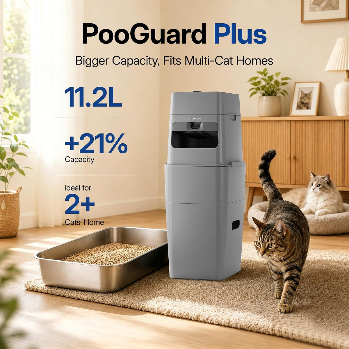 PooGuard Litter Disposal Bin, 9.2L Trash Can for Cat Litter, Dog Waste & Diapers, with Viewing Window, Wider Opening, and 4-Month Refill Bag (Grey)