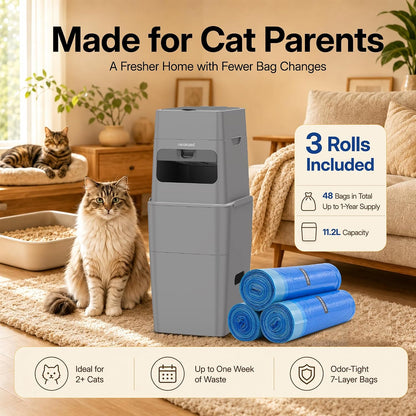 PooGuard Litter Disposal Bin, 9.2L Trash Can for Cat Litter, Dog Waste & Diapers, with Viewing Window, Wider Opening, and 4-Month Refill Bag (Grey)
