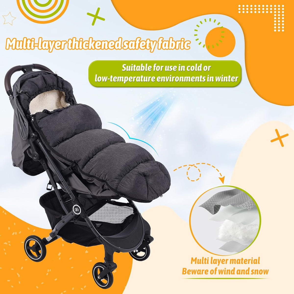 Winter Stroller Footmuff, Waterproof Baby Sleeping Bag, Lambswool