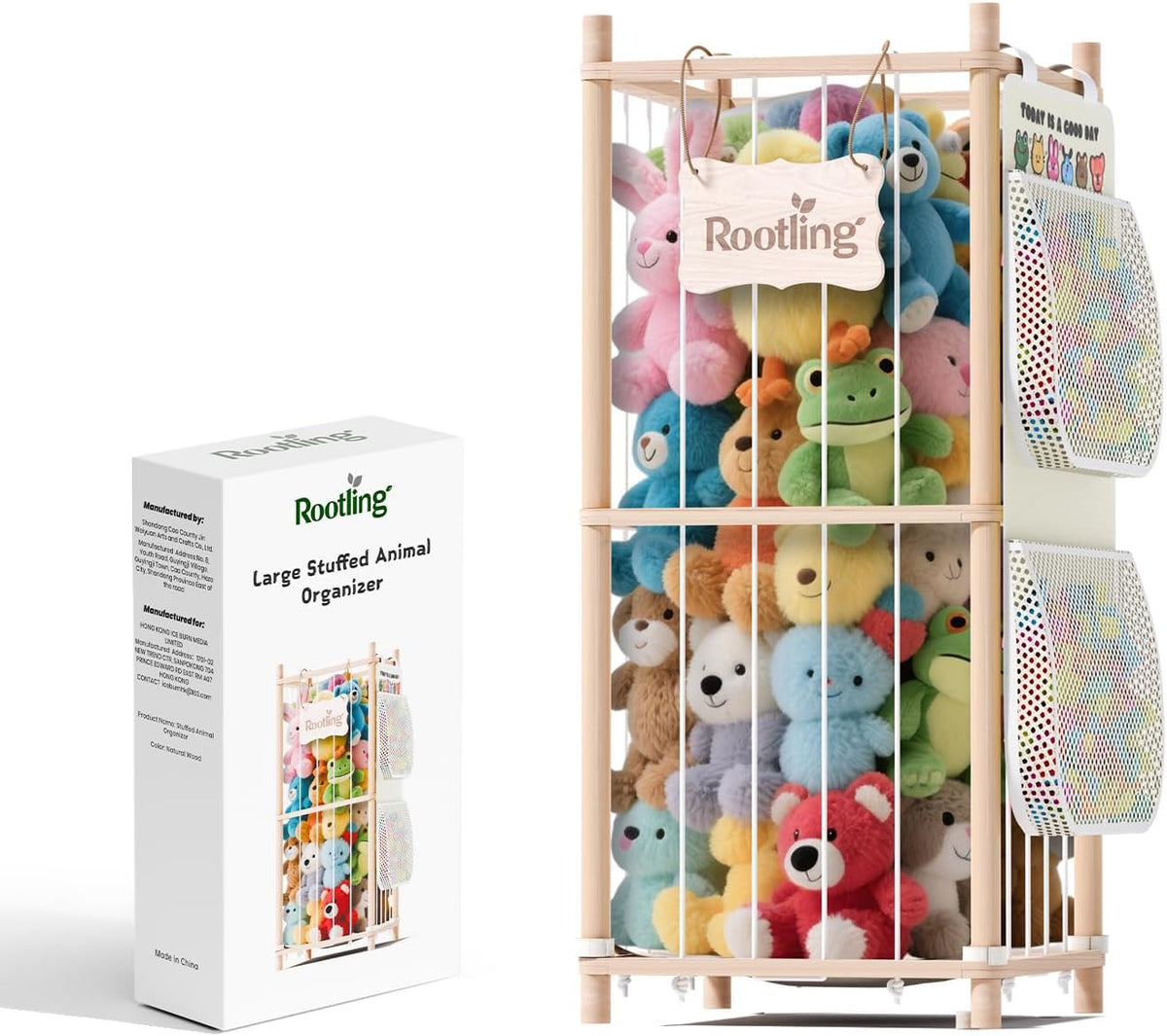 Stuffed Animal Storage & Organizer, 54 inch Tall Wooden Cute Zoo Toy Holder w/Building Block Storage Bag, Premium Wooden Material with Elastic Cord For Toddler Rooms, Playrooms & Bedrooms