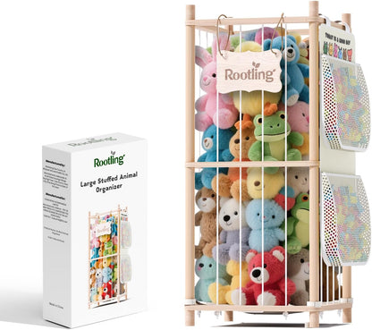 Stuffed Animal Storage & Organizer, 54 inch Tall Wooden Cute Zoo Toy Holder w/Building Block Storage Bag, Premium Wooden Material with Elastic Cord For Toddler Rooms, Playrooms & Bedrooms