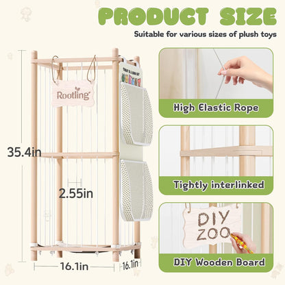 Stuffed Animal Storage & Organizer, 54 inch Tall Wooden Cute Zoo Toy Holder w/Building Block Storage Bag, Premium Wooden Material with Elastic Cord For Toddler Rooms, Playrooms & Bedrooms