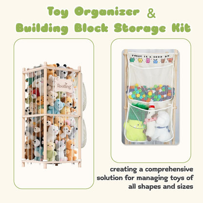 Stuffed Animal Storage & Organizer, 54 inch Tall Wooden Cute Zoo Toy Holder w/Building Block Storage Bag, Premium Wooden Material with Elastic Cord For Toddler Rooms, Playrooms & Bedrooms