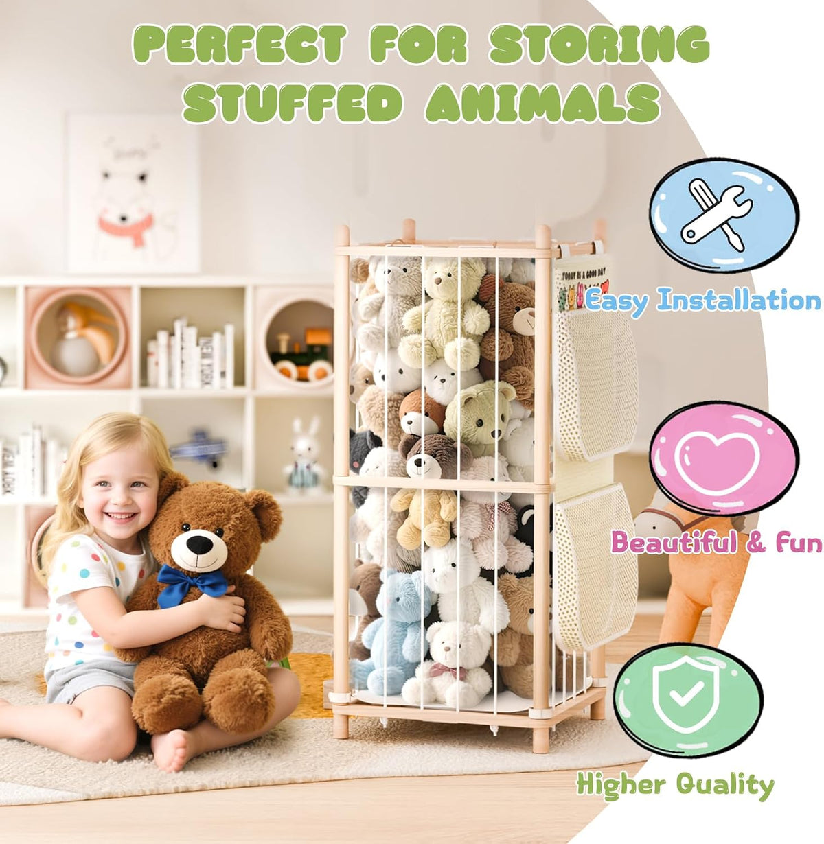 Stuffed Animal Storage & Organizer, 54 inch Tall Wooden Cute Zoo Toy Holder w/Building Block Storage Bag, Premium Wooden Material with Elastic Cord For Toddler Rooms, Playrooms & Bedrooms