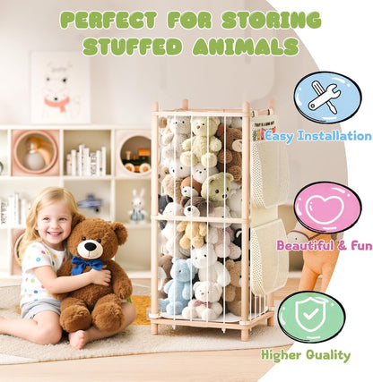Stuffed Animal Storage & Organizer, 54 inch Tall Wooden Cute Zoo Toy Holder w/Building Block Storage Bag, Premium Wooden Material with Elastic Cord For Toddler Rooms, Playrooms & Bedrooms