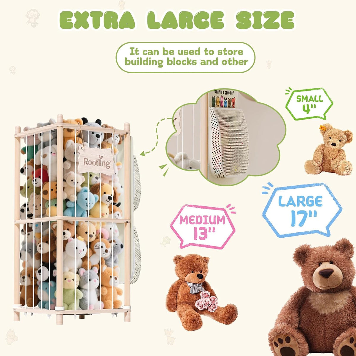 Stuffed Animal Storage & Organizer, 54 inch Tall Wooden Cute Zoo Toy Holder w/Building Block Storage Bag, Premium Wooden Material with Elastic Cord For Toddler Rooms, Playrooms & Bedrooms