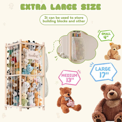 Stuffed Animal Storage & Organizer, 54 inch Tall Wooden Cute Zoo Toy Holder w/Building Block Storage Bag, Premium Wooden Material with Elastic Cord For Toddler Rooms, Playrooms & Bedrooms