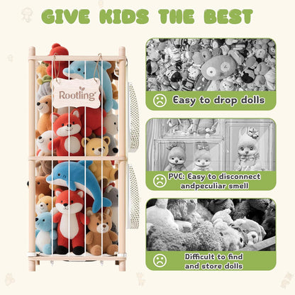 Stuffed Animal Storage & Organizer, 54 inch Tall Wooden Cute Zoo Toy Holder w/Building Block Storage Bag, Premium Wooden Material with Elastic Cord For Toddler Rooms, Playrooms & Bedrooms