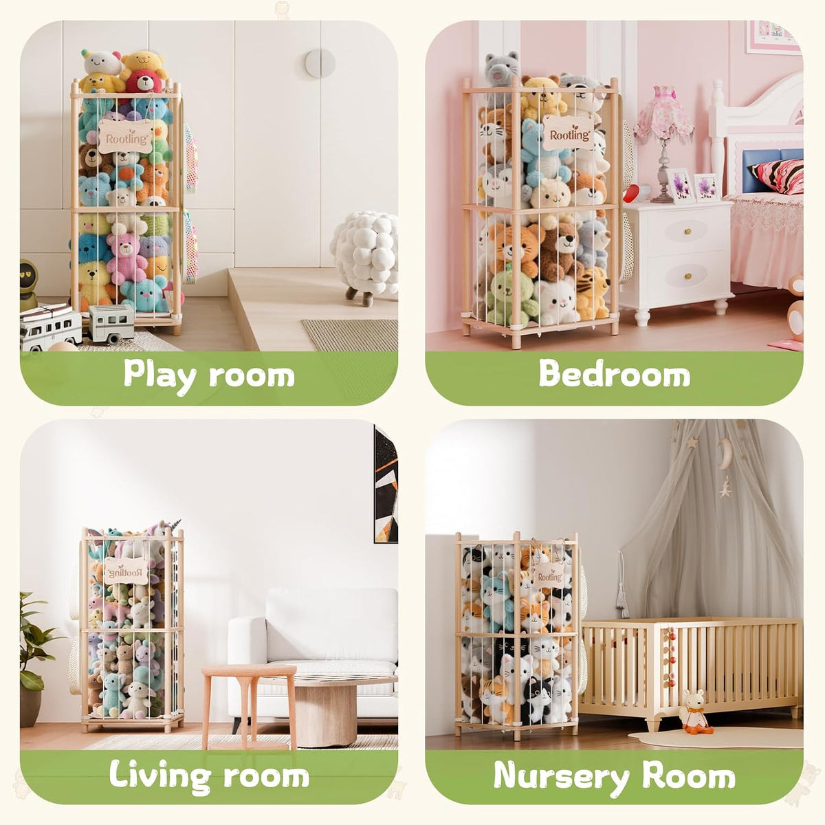 Stuffed Animal Storage & Organizer, 54 inch Tall Wooden Cute Zoo Toy Holder w/Building Block Storage Bag, Premium Wooden Material with Elastic Cord For Toddler Rooms, Playrooms & Bedrooms