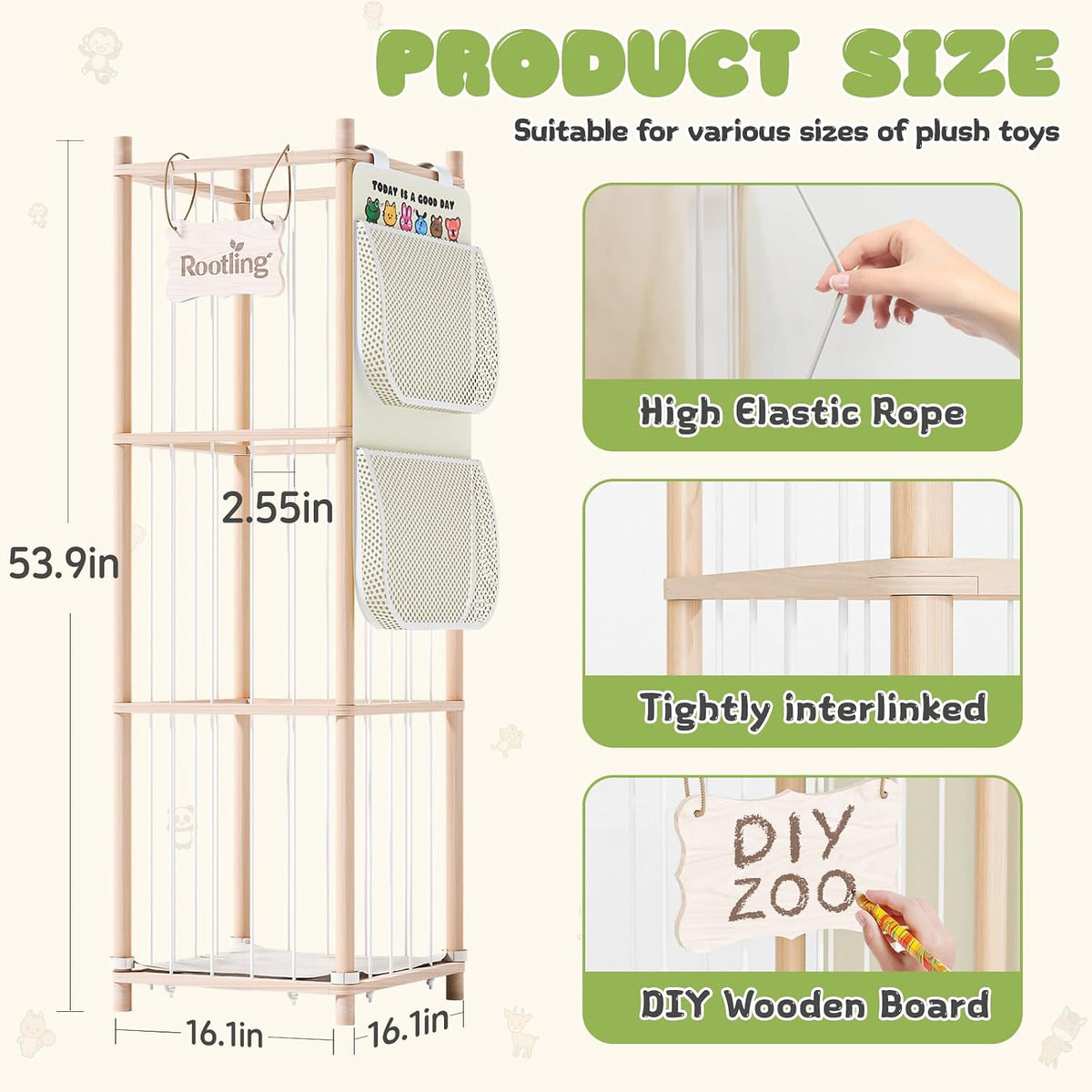 Stuffed Animal Storage & Organizer, 54 inch Tall Wooden Cute Zoo Toy Holder w/Building Block Storage Bag, Premium Wooden Material with Elastic Cord For Toddler Rooms, Playrooms & Bedrooms