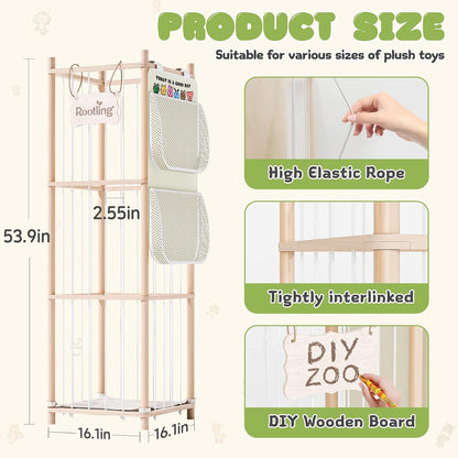 Stuffed Animal Storage & Organizer, 54 inch Tall Wooden Cute Zoo Toy Holder w/Building Block Storage Bag, Premium Wooden Material with Elastic Cord For Toddler Rooms, Playrooms & Bedrooms