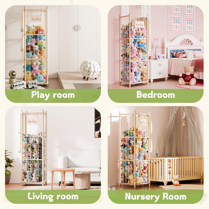 Stuffed Animal Storage & Organizer, 54 inch Tall Wooden Cute Zoo Toy Holder w/Building Block Storage Bag, Premium Wooden Material with Elastic Cord For Toddler Rooms, Playrooms & Bedrooms