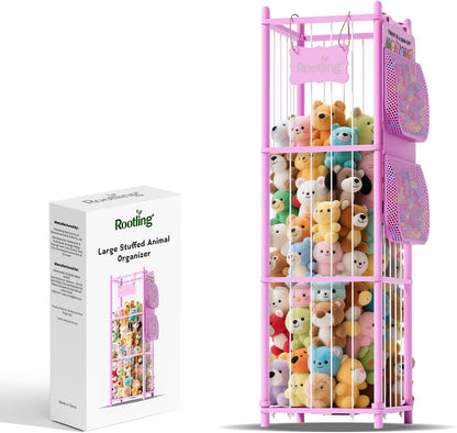 Stuffed Animal Storage & Organizer, 54 inch Tall Wooden Cute Zoo Toy Holder w/Building Block Storage Bag, Premium Wooden Material with Elastic Cord For Toddler Rooms, Playrooms & Bedrooms