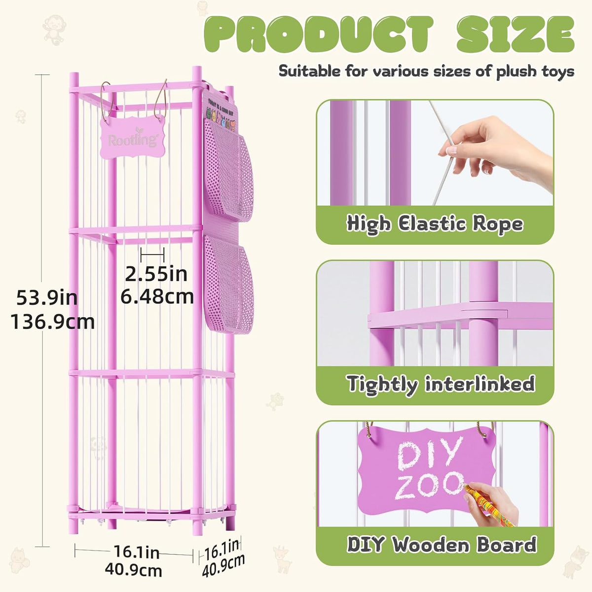 Stuffed Animal Storage & Organizer, 54 inch Tall Wooden Cute Zoo Toy Holder w/Building Block Storage Bag, Premium Wooden Material with Elastic Cord For Toddler Rooms, Playrooms & Bedrooms