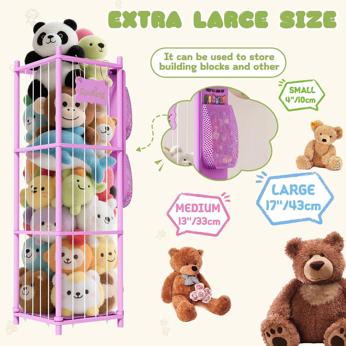 Stuffed Animal Storage & Organizer, 54 inch Tall Wooden Cute Zoo Toy Holder w/Building Block Storage Bag, Premium Wooden Material with Elastic Cord For Toddler Rooms, Playrooms & Bedrooms