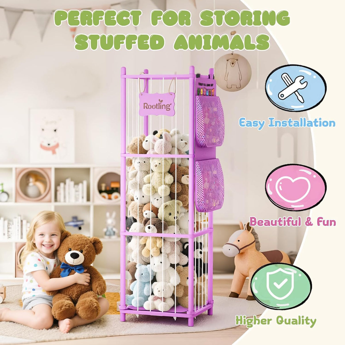 Stuffed Animal Storage & Organizer, 54 inch Tall Wooden Cute Zoo Toy Holder w/Building Block Storage Bag, Premium Wooden Material with Elastic Cord For Toddler Rooms, Playrooms & Bedrooms
