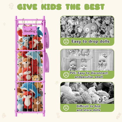 Stuffed Animal Storage & Organizer, 54 inch Tall Wooden Cute Zoo Toy Holder w/Building Block Storage Bag, Premium Wooden Material with Elastic Cord For Toddler Rooms, Playrooms & Bedrooms