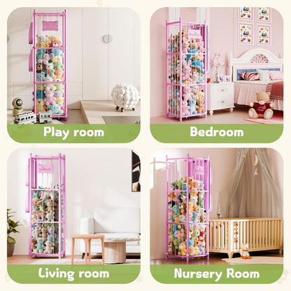 Stuffed Animal Storage & Organizer, 54 inch Tall Wooden Cute Zoo Toy Holder w/Building Block Storage Bag, Premium Wooden Material with Elastic Cord For Toddler Rooms, Playrooms & Bedrooms
