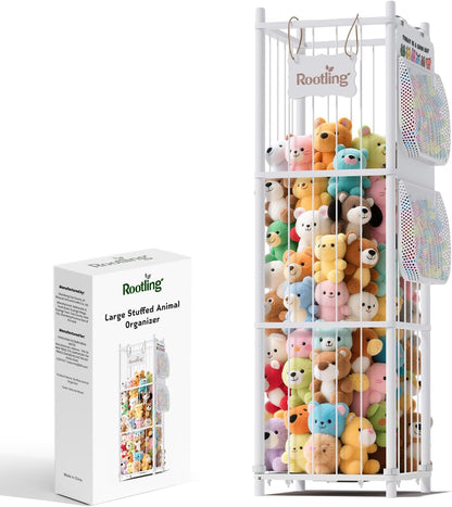 Stuffed Animal Storage & Organizer, 54 inch Tall Wooden Cute Zoo Toy Holder w/Building Block Storage Bag, Premium Wooden Material with Elastic Cord For Toddler Rooms, Playrooms & Bedrooms