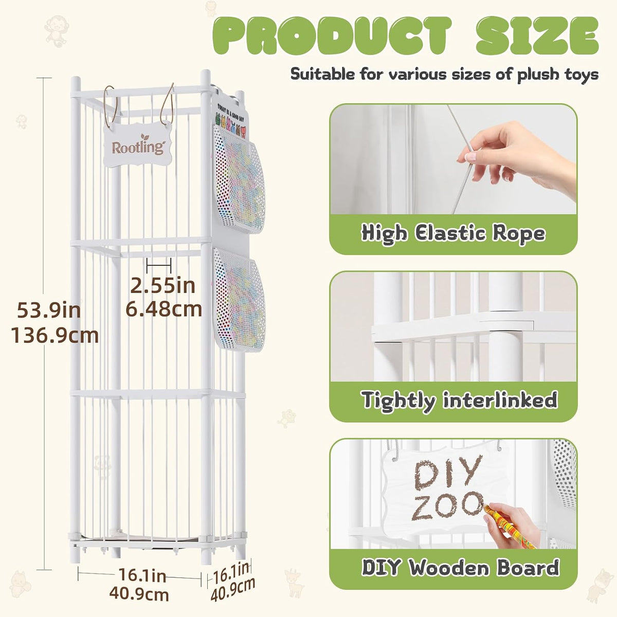 Stuffed Animal Storage & Organizer, 54 inch Tall Wooden Cute Zoo Toy Holder w/Building Block Storage Bag, Premium Wooden Material with Elastic Cord For Toddler Rooms, Playrooms & Bedrooms